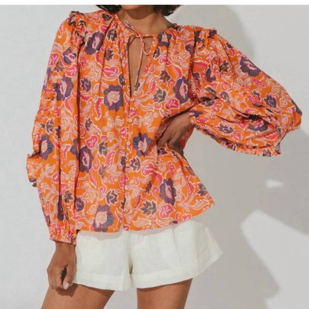 Cleobella Talia‎ Blouse Orange and Pink Floral Tropique Blouse Small
